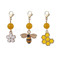Bee & Honeycomb & Flower Alloy Enamel Pendant Decorations, Natural Malaysia Jade Beads and Lobster Claw Clasps Charms, Gold, 40~46mm, pendant: 15~21x13~22.5x1.8~4mm, 3pcs/set(HJEW-JM01600-01)
