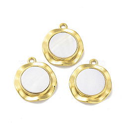 304 Stainless Steel Pave Natural White Shell Pendants, Flat Round Charms, Golden, 22.5x19x3.5mm, Hole: 1.8mm(STAS-A168-11G)