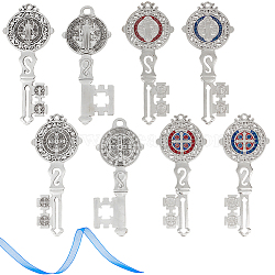 Tibetan Styles Alloy Big Pendants, Saint Benedict of Nursia Key Shaped, with Organza Ribbon, Antique Silver, 124~127x51~52.5x3.5mm, Hole: 4~6x4~7.5mm(FIND-DR0002-13)