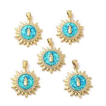 Rack Plating Brass Micro Pave Cubic Zirconia with Synthetic Opal Pendants, with Jump Ring, Lead Free & Cadmium Free, Long-Lasting Plated, Sun with Saint, Real 18K Gold Plated, 25.5x22.5x4.2mm, Hole: 5x3.5mm