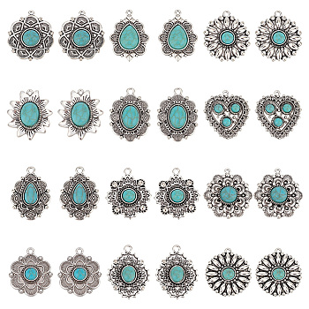 Elite 24Pcs 12 Styles Synthetic Turquoise Pendants, Geometric Charms, with Rack Plating Antique Silver Tone Alloy Findings, Teardrop & Flower & Heart, Mixed Shapes, Antique Silver, 34~35x25~32.5x5mm, Hole: 1.6~3mm, 2pcs/style