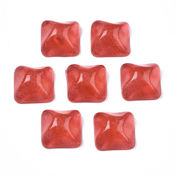 Transparent Resin Cabochons, Water Ripple Cabochons, with Glitter Powder, Square, Red, 16x16x8.5~9mm
