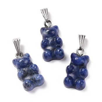 Natural Sodalite Pendants, with Stainless Steel Color Tone 201 Stainless Steel Findings, Bear, 27.5mm, Hole: 2.5x7.5mm, Bear: 21x11x6.5mm