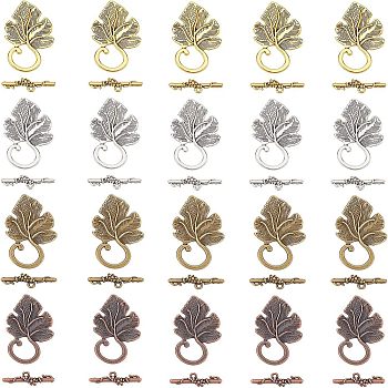 Tibetan Style Alloy Toggle Clasps, Lead Free & Nickel Free, Leaf, Mixed Color, Toggle: 36x22x4.5mm, Hole: 1.5mm, Bar: 24x7x4.5mm, 40pcs/box