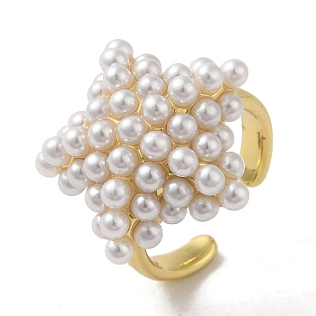 Rack Plating Brass Micro Pave Pearl Rings, Lead Free & Cadmium Free, Long-Lasting Plated, Star, Adjustable