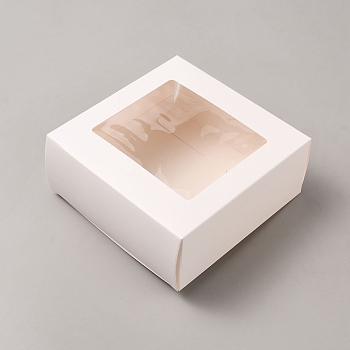 Square Cardboard Paper Gift Box, with PVC Visual Window, White, 12x12x4.75cm