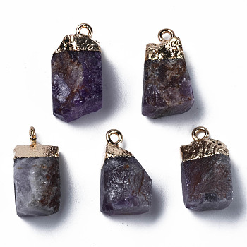 Natural Amethyst Pendants, with Golden Brass Findings, Rack Plating, Cube, 18~21x9~12x9~13mm, Hole: 1.6mm