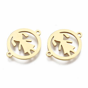 201 Stainless Steel Links Connectors, Laser Cut, Flat Round with Girl, Golden, 16x20x1mm, Hole: 1.2mm