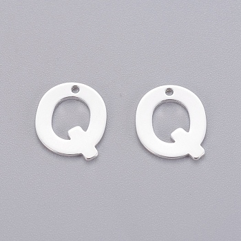 201 Stainless Steel Charms, Letter, Silver Color Plated, Letter.Q, 11x9.5x0.7mm, Hole: 1mm