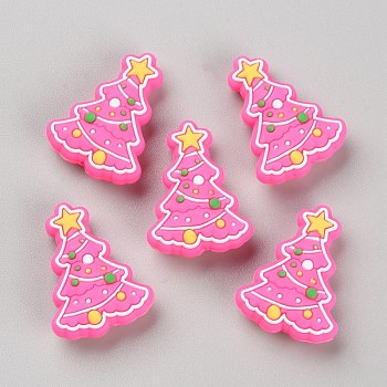 Christmas Tree Silicone Beads, DIY Nursing Necklaces and Bracelets Making, Chewing Pendants For Teethers, Hot Pink, 29x21.5x9mm, Hole: 2mm