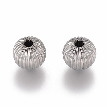 Round 304 Stainless Steel Corrugated Beads, Stainless Steel Color, 10mm, Hole: 2mm