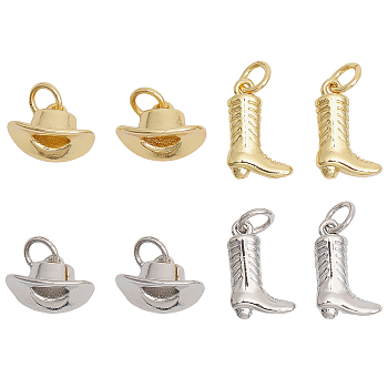 8Pcs 4 Style Rack Plating Brass Charms, with Jump Ring, Long-Lasting Plated, Cadmium Free & Lead Free, Boot & Hat, Platinum & Golden, 6.5~13x9~12x3.5~8mm, Hole: 3mm, 2pcs/style