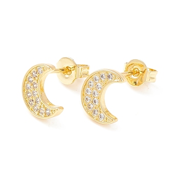 Clear Cubic Zirconia Crescent Moon Stud Earrings, Brass Jewelry for Women, Cadmium Free & Nickel Free & Lead Free, Real 18K Gold Plated, 8.5x7mm, Pin: 0.6mm