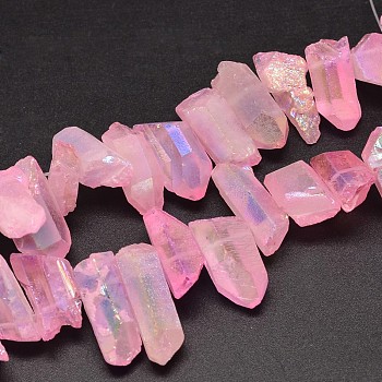 Electroplated Natural Quartz Crystal Beads Strands, Nuggets, Tusk Shape, AB Color, Dyed, Pink, 7~15x18~60mm, Hole: 1mm, about 46pcs/strand, 16 inch