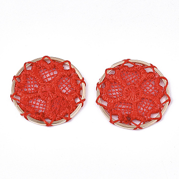 Polyester Woven Pendant Decorations, with Iron Findings, Flat Round with Flower, Light Gold, Red, 28x2mm