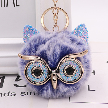 Pom Pom Ball Keychain, with KC Gold Tone Plated Alloy Lobster Claw Clasps, Iron Key Ring and Chain, Owl, Slate Blue, 12cm