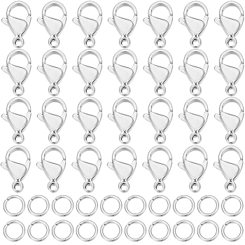 100Pcs 304 Stainless Steel Lobster Claw Clasps, with 100Pcs 304 Stainless Steel Jump Rings, for DIY Jewelry Making Findings, Stainless Steel Color, 12x7x3.5mm, Hole: 1.5mm