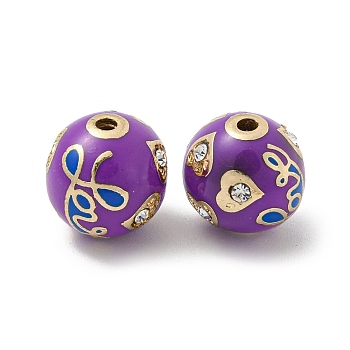 Golden Alloy Enamel Beads, with Rhinestone, Round with Heart Love, Purple, 12x11.5mm, Hole: 1.8mm