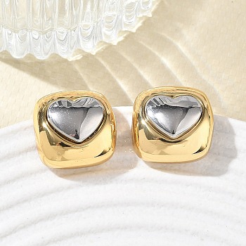 304 Stainless Steel Stud Earrings, Square with Heart Pattern, PVD Vacuum Plating, Golden & Stainless Steel Color, 17x17mm
