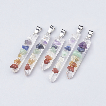 Chakra Natural Quartz Crystal Pointed Pendants, with Mixed Stone & Iron Findings, Nuggets, Platinum, 36~52x7~9x9~10mm, Hole: 6x3mm