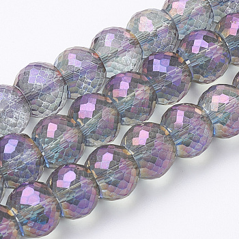 Electroplated Glass Beads Strands, Rainbow Plated, Faceted, Round, Plum, 10x8mm, Hole: 1.2mm, about 80pcs/strand, 25 inch