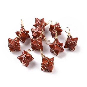 Natural Red Jasper Copper Wire Wrapped Pendants, Merkaba Star Charms, Golden, 26~31x20~21x13~15mm, Hole: 5~5.5mm