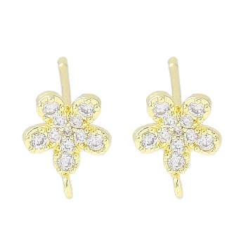 Brass Pave Clear Cubic Zirconia Stud Earring Findings, with Loop, Flower, Real 14K Gold Plated, 9x7.5mm, Hole: 1.2mm, Pin: 0.5mm