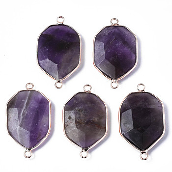 Natural Amethyst Links Connectors, with Edge Rose Gold Plated Brass Findings, Faceted, Polygon, 39~40x22~23x5~7mm, Hole: 2.5mm