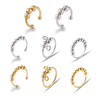8Pcs 8 Style Brass Rotating Beaded Cuff Rings, Anti Anxiety Rings for Women, Golden & Stainless Steel Color, Inner Diameter: 18~18.3mm, 1Pc/style