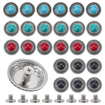 WADORN 24 Sets 4 Colors Zinc Alloy Buttons, with Synthetic Turquoise and Iron Screws, for Purse, Bags, Leather Crafts Decoration, Flat Round, Mixed Color, 25x13mm, Hole: 2.5mm, 6 sets/color