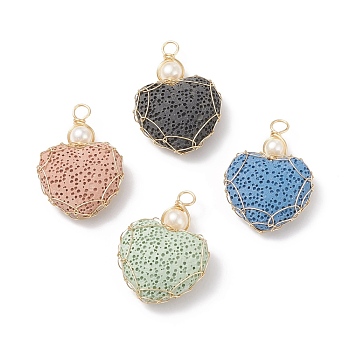 Natural Lava Rock Pendants, for Perfume Essential Oil Charm, with Golden Tone Copper Wire and Natural Cultured Freshwater Pearl, Heart, Mixed Color, 34~36x23.5~25x9~10mm, Hole: 3.5~4mm