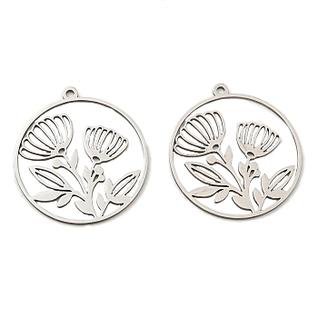 201 Stainless Steel Pendants, Laser Cut, Flat Round with Flower Charm, Stainless Steel Color, 33x30x1mm, Hole: 1.8mm