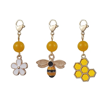 Bee & Honeycomb & Flower Alloy Enamel Pendant Decorations, Natural Malaysia Jade Beads and Lobster Claw Clasps Charms, Gold, 40~46mm, pendant: 15~21x13~22.5x1.8~4mm, 3pcs/set