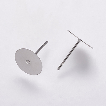304 Stainless Steel Stud Earring Settings, Flat Pad Earring Post, Flat Round, Stainless Steel Color, Tray: 10mm, 12x10mm, Pin: 0.7mm