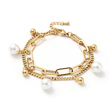 Plastic Pearl and Round Ball Charm Multi-strand Bracelet, Vacuum Plating 304 Stainless Steel Double Layered Chains Bracelet for Women, Golden, 7-1/2 inch(19cm)