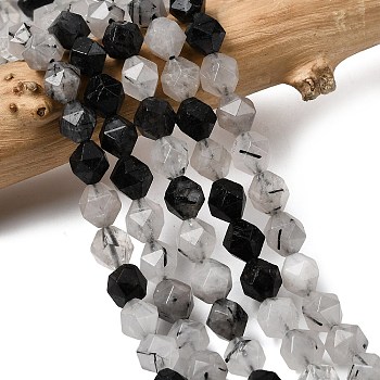 Natural Tourmalinated Quartz/Black Rutilated Quartz Beads Strands, Star Cut Round Beads, Faceted, 7~8x7~8x7~8mm, Hole: 1mm, about 46~47pcs/strand, 14.72''~15''(37.4~38.1cm)