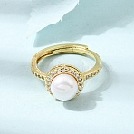 Adjustable Brass Micro Pave Cubic Zirconia Finger Rings, Round, with ABS Plastic Pearl, Cadmium Free & Lead Free, Rack Plating, Long-Lasting Plated, Golden, 17mm(CU-CBABA66-06G)