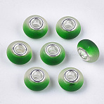 Resin European Beads, Large Hole Beads, with Silver Color Plated Brass Cores, Rubberized Style, Rondelle, Green, 14x8mm, Hole: 5mm(RPDL-S013-10D)