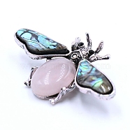 Natural Rose Quartz Brooches, with Shell and Rhinestone, Insect, 36x60mm(PW-WG70409-02)