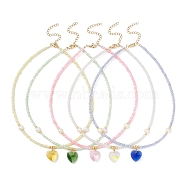 Heart Glass Pendant Necklace with Natural Pearl & Seed Beaded Chains, Mixed Color, 14.88 inch(37.8cm)(NJEW-JN04343)