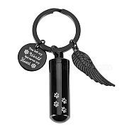 304 Stainless Steel Memorial Urn Ashes Keychains, with Iron Findings, Column & Wing & Flat Round, Electrophoresis Black, 6.2cm(KEYC-WH0027-95)