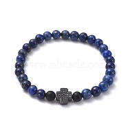 Natural Lapis Lazuli(Dyed) Beaded Stretch Bracelets, with Natural Black Agate(Dyed) Beads and Brass Micro Pave Cubic Zirconia Pendants, Cross, 2 inch(50mm)(BJEW-JB05026-02)