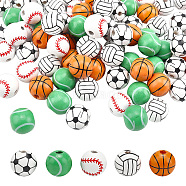 SUPERFINDINGS 100Pcs 5 Style Natural Wood Beads, Dyed, Round, Sports Themed Pattern, 15.5x14.5mm, Hole: 3.2mm, 20pcs/style(WOOD-FH0001-96)