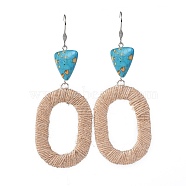 Dangle Earrings, with ABS Plastic Covered with Jute Twine Linking Rings, Synthetic Turquoise Beads and 304 Stainless Steel Earring Hooks, Oval, Platinum, 96mm, Pin: 0.7mm(EJEW-JE03011-01)