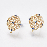 Brass Stud Earring Findings, Cubic Zirconia and Loop, Nickel Free, Real 18K Gold Plated, Flower, Blue, 13x12mm, Hole: 0.8mm, Pin: 0.8mm(KK-T038-491A)