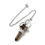 Natural Tiger Eye Dowsing Pendulums, with Platinum Plated Alloy Chains, Merkaba Star Truncheon Charm, Reiki Wicca Witchcraft Balancing Pointed Pendant Pendulum, 310~315mm, Hole: 2mm(G-C095-01P-06)