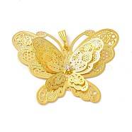 Brass with Rhinestone Pendats, Filigree, 3D Butterfly Charms, Golden, 37x51x6mm, Hole: 8x3mm(KKC-A001-14G)