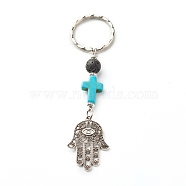 Natural Lava Rock Beads and Synthetic Turquoise beads Keychain, with Tibetan Style Alloy Pendants, Spacer Beads and Iron Eye Pin, Cross & Hamsa Hand/Hand of Fatima/Hand of Miriam with Eye, 10cm(KEYC-JKC00267-03)