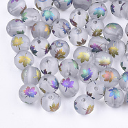 Autumn Theme Electroplate Transparent Glass Beads, Frosted, Round with Maple Leaf Pattern, Colorful, 10mm, Hole: 1.5mm(EGLA-S178-01-01E)