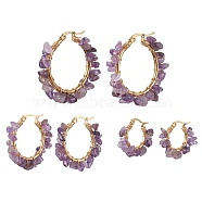 3 Pairs 3 Size Natural Amethyst Chips Hoop Earrings, 304 Stainless Steel Wire Wrap Earrings, 23~35x5~8.5mm, 1 Pair/size(EJEW-JE05710-06)